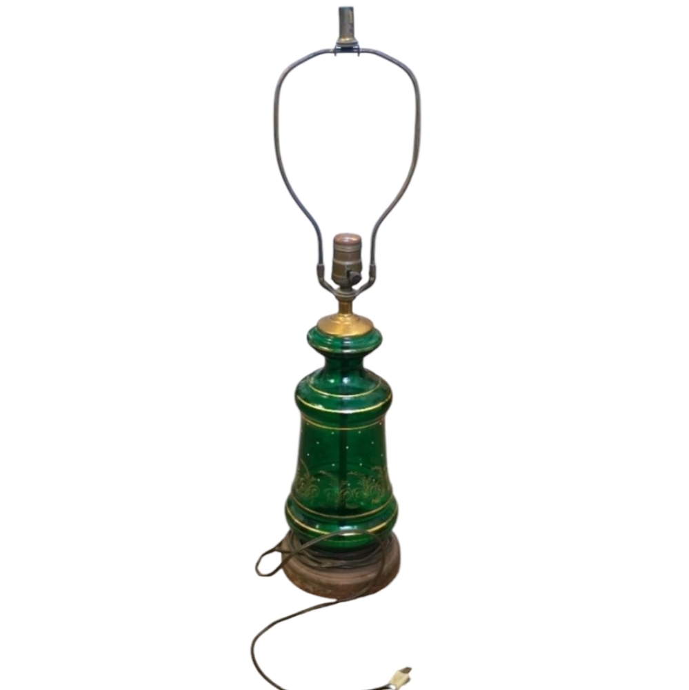 VTG Mid Century Brass Retro Bohemian Leviton Mod Green Glass Table Lamp